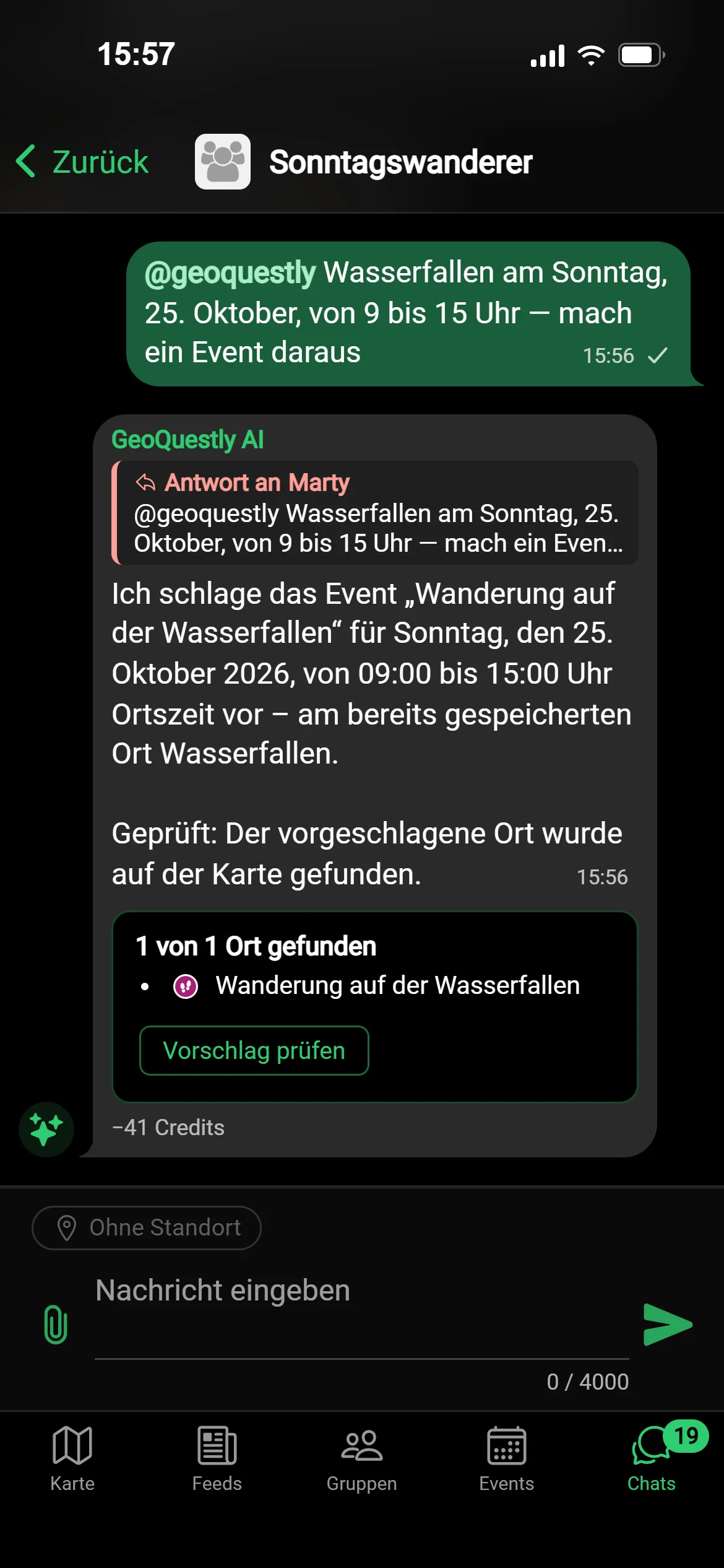 Ein Gruppenchat in GeoQuestly: jemand bittet @geoquestly, aus der Wasserfallen am Sonntag ein Event zu machen, und GeoQuestly AI schlägt es zum Prüfen vor