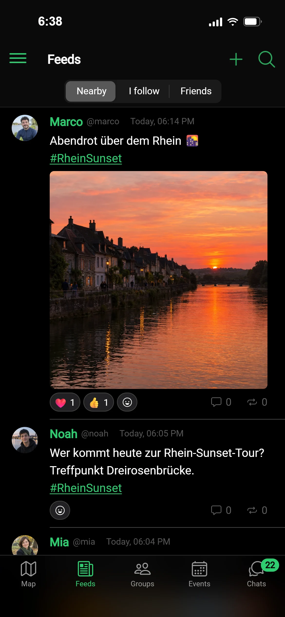 The “Nearby” feed in GeoQuestly: posts from around you, newest first, a photo of the sunset over the Rhine with reactions
