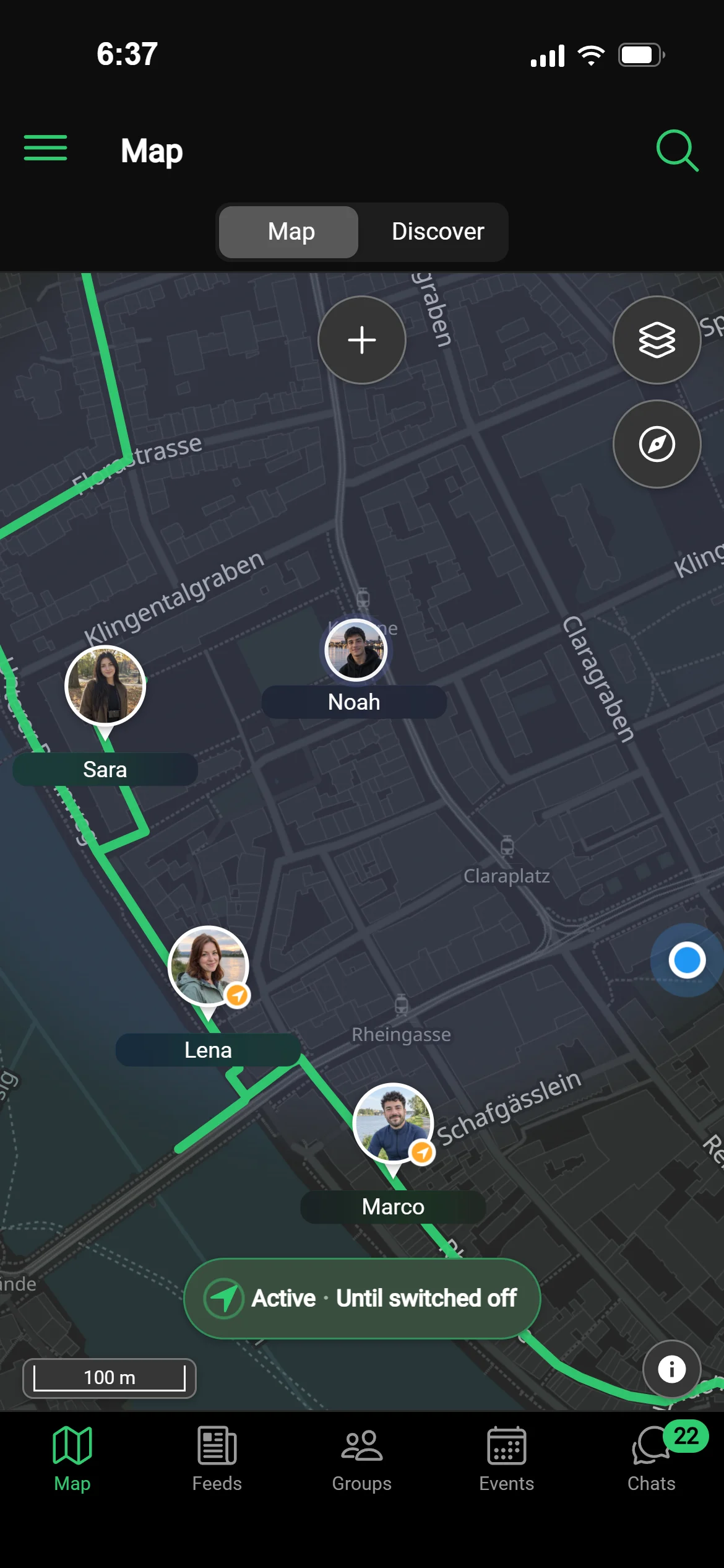 The GeoQuestly map on an evening in Basel: the Rhine sunset tour is live, friends and group members are on the move, with the group’s route and your own location