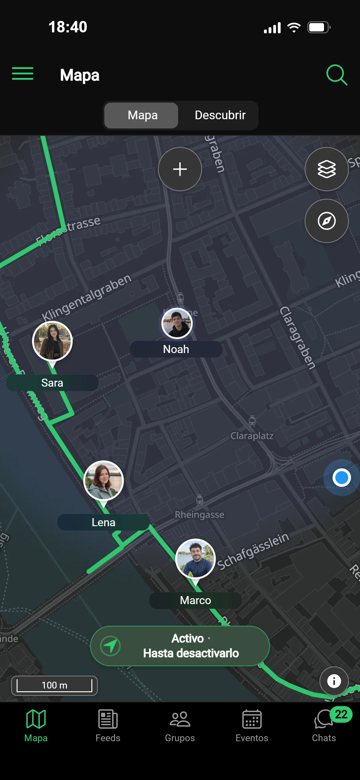 El mapa de GeoQuestly una tarde en Basilea: el tour del atardecer junto al Rin está en marcha, amigos y miembros del grupo están en camino, con la ruta del grupo y tu ubicación