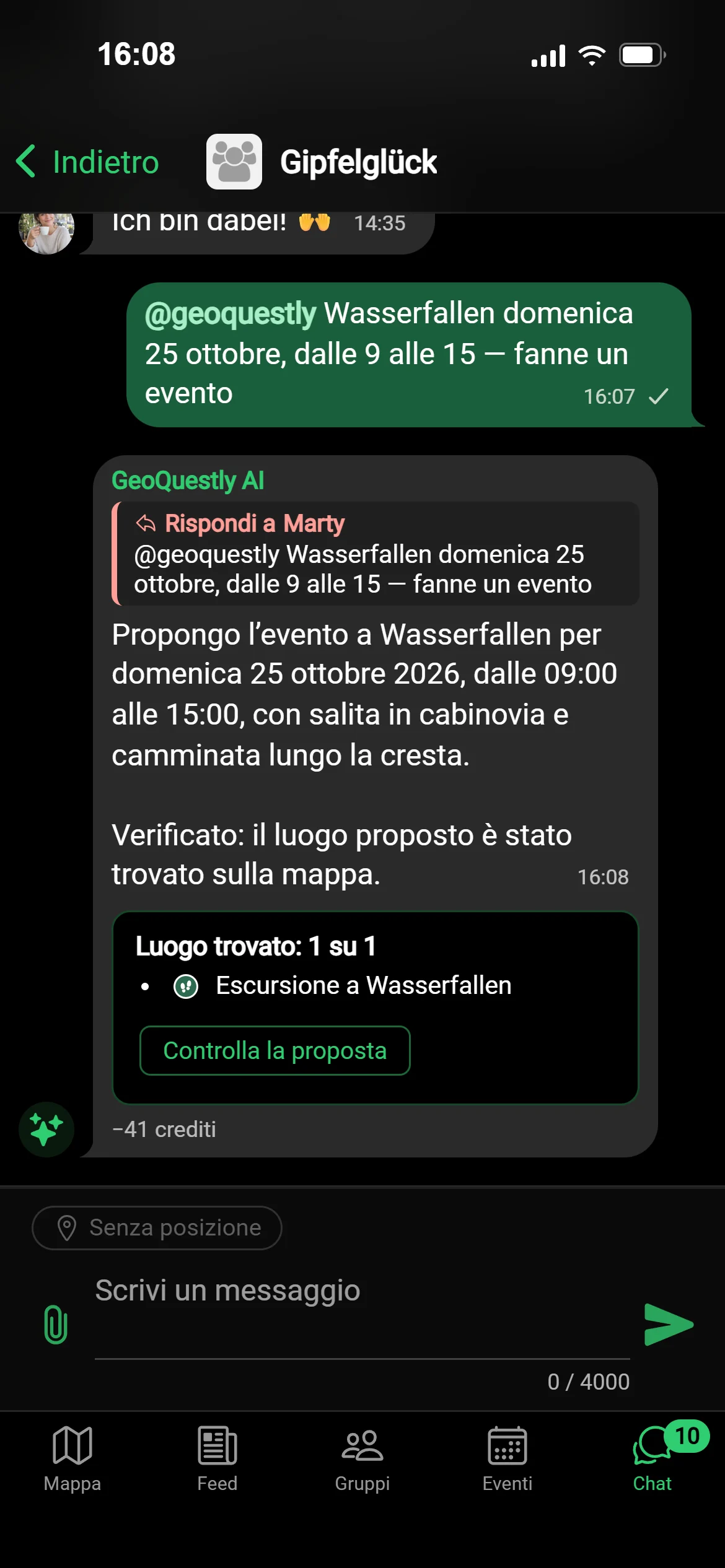 Una chat di gruppo in GeoQuestly: qualcuno chiede a @geoquestly di fare un evento sulla Wasserfallen domenica, e GeoQuestly AI lo propone da controllare