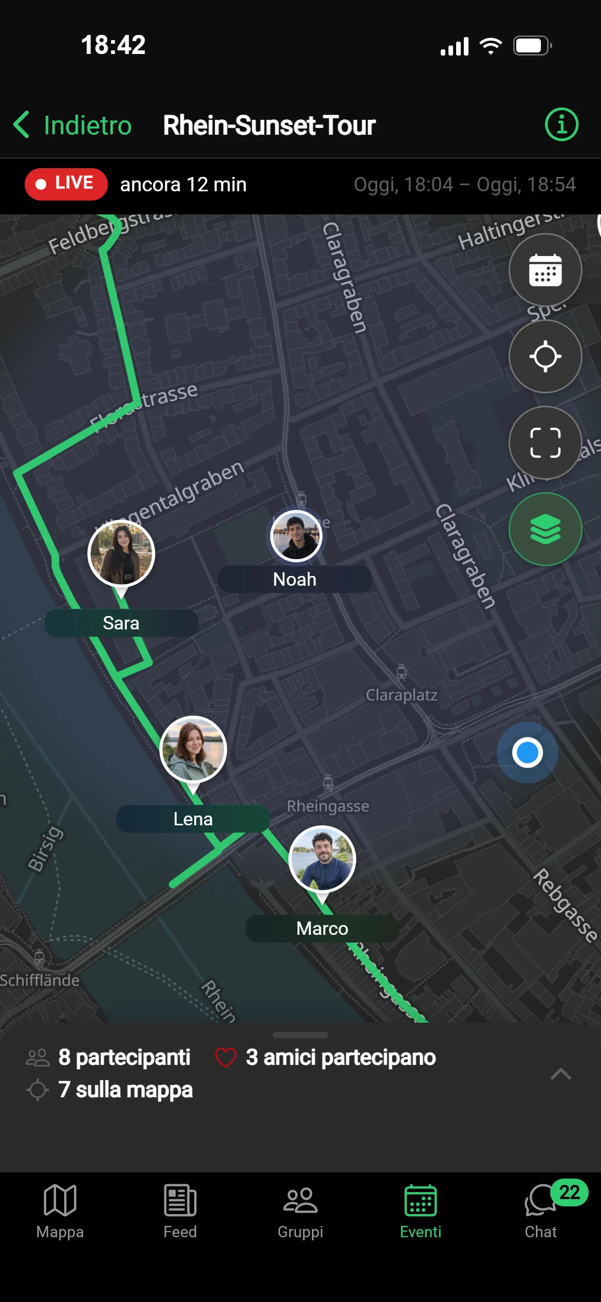 La vista dal vivo del tour al tramonto sul Reno in GeoQuestly: il tempo che resta, il percorso, chi è in cammino e quanti partecipano