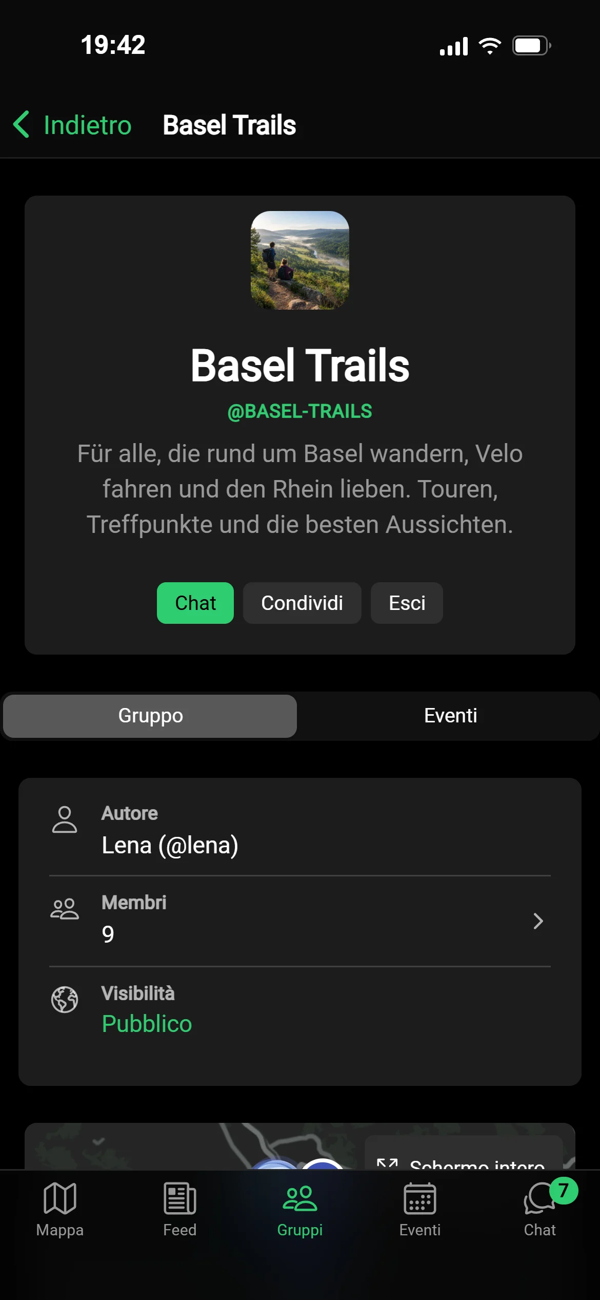 La pagina del gruppo Basel Trails in GeoQuestly: immagine, descrizione, chat, membri ed eventi